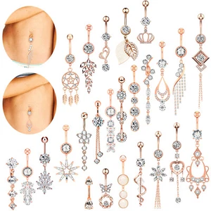 1pc 316L Steel Belly Button Navel Rings CZ Dangle Curved Barbell Rosegold 14G - Picture 1 of 35