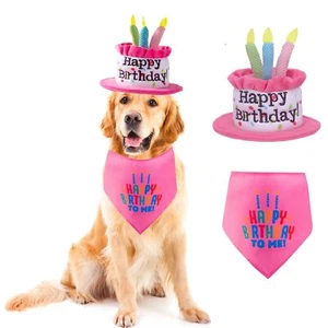 Extral Large Dog Birthday Cake Hat & Birthday Bandana Scarfs Set Pink Dog Hap... - Picture 1 of 7