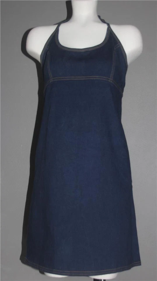 VTG G.A.S. Stretch Dark Blue Denim Neck Halter Back Tie Dress Wms 11 Made in USA - Image 1 of 1