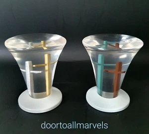 2 1970s Lucite Acrylic Candle / Figurine Stands with Embedded Crosses Uncommon - Picture 1 of 8