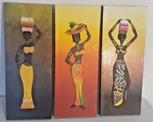 Lot drei 3D Holz afrikanische Frauen Volk Wandkunst Malerei handgefertigt - Bild 1 von 12