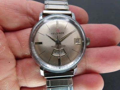 Винтажные мужские автоматические наручные часы Helbros, 17j 1363 день/дата, серебристый тон, работает - Изображение 1 из 4