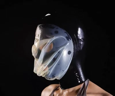 Capucha de látex de 2 capas con máscara de goma transparente de 0,25 mm orificio de respiración para fetiche Foto 1 de 4