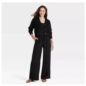 Women's High-Rise Wide Leg Pull-On Pants Small Black Gauze - A New Day™ NWT - Picture 1 of 9