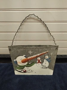 Primitive Rustic Painted Metal Hanging Wall Pocket Snowman Winter Christmas - Picture 1 of 7