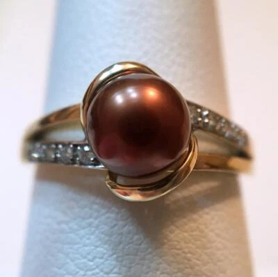 Anillo de perlas marrones de 7 mm de oro amarillo de 14 quilates diamante de 1/10 quilate talla 7 Foto 1 de 4