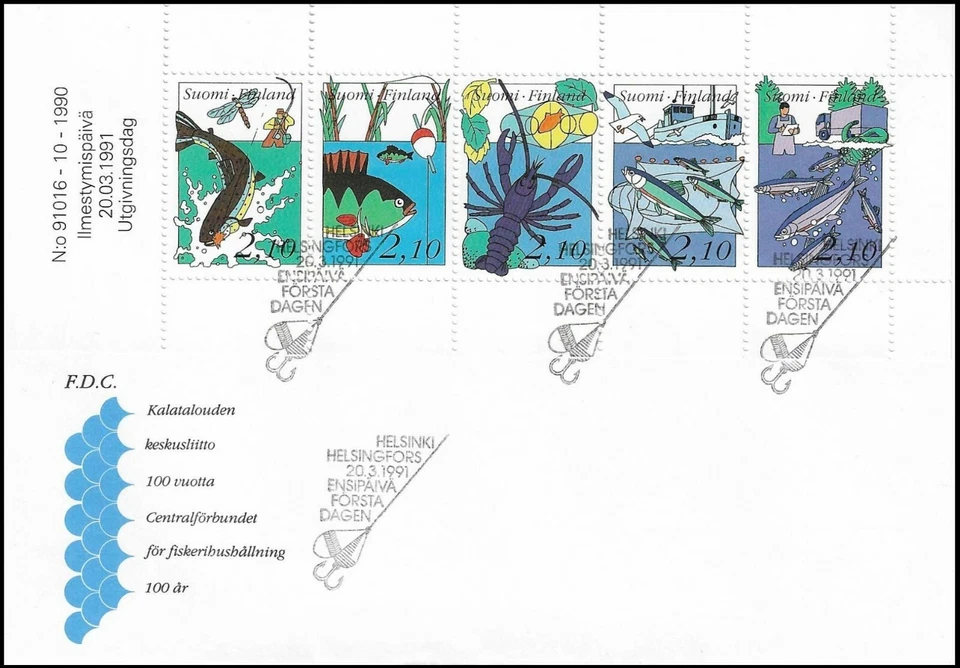 Fishing Flies Crawfish Salmon Fishes Sheet Mint FDC Finland 1991 - Image 1 of 1