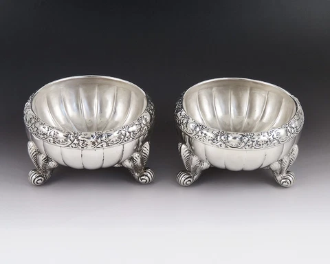 Pair Antique 1880 Victorian Tiffany Sterling Silver Salt Cellars Dishes Cover