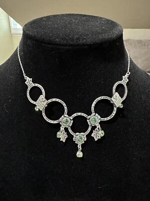 Stamped Pilgrim Danish Adjust Necklace. Design Silver Tone Light Green Rhineston - Image 1 of 4