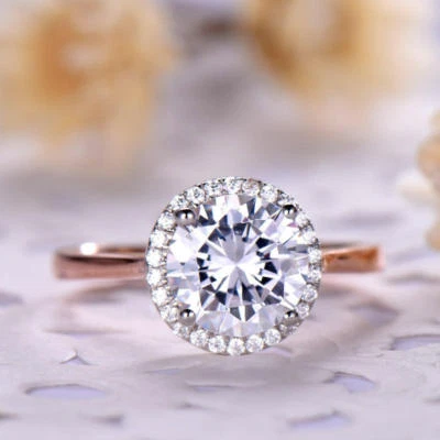 1 克拉圆形切割模拟钻石单颗双色戒指 14k 镀玫瑰金 — 第 1/4 张图片