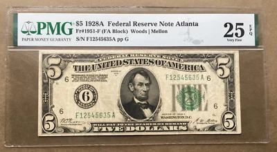 1928A   $5 FRN  ATLANTA   FR. 1951-F []  PMG 25 EPQ  Ser#  F 12545635 A - Image 1 of 3