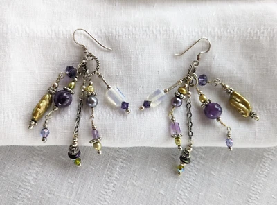 Long Artisan Baroque Pearl, Glass, Gem & Sterling Cha Cha Dangle Earrings - Image 1 of 4
