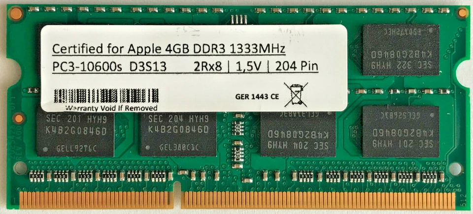 Certified for Apple 4GB 2Rx8 PC3-10600S DDR3 1333MHz 1.5V SO-DIMM SDRAM D3S13 - Image 1 of 1