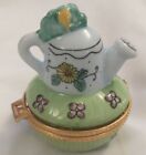 Vintage Watering Can Hinged Porcelain Hand Painted Trinket Box Wildflowers  3X3"