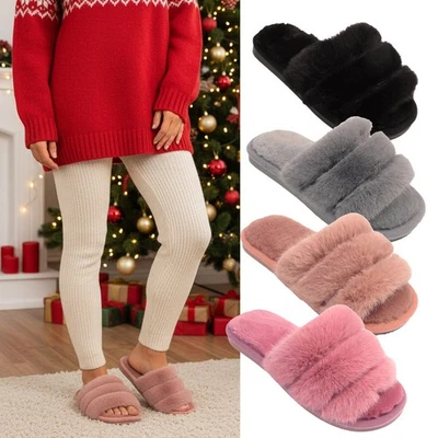 SERGIO ITALIA Damen flauschige Pantoletten Mädchen Frauen Fell offene Zehenpartie Hausschuhe Fellschuhe Größe