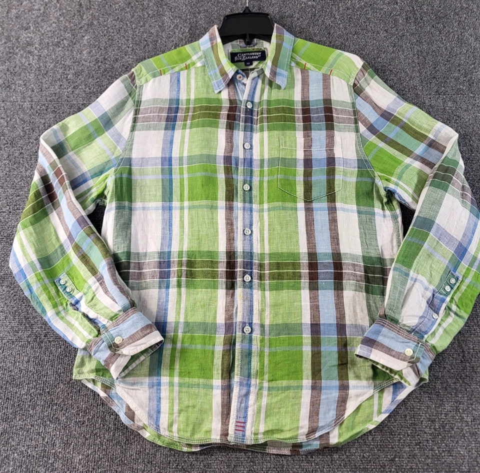 Canterbury Of New Zealand Linen Shirt Men M Grn/Multi Plaid Long Sleeve Roll Tab - Image 1 of 4