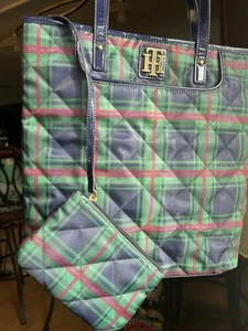 Tommy Hilfiger Tasche kariert Nylon gesteppt Handtasche grün blau Geldbeutel kleines Etui - Bild 1 von 7