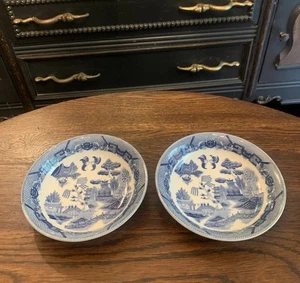 Vintage 2 Japanese Blue Willow Soup Bowls Marked Japan 7.5” No Crazing Excellent - Picture 1 of 24