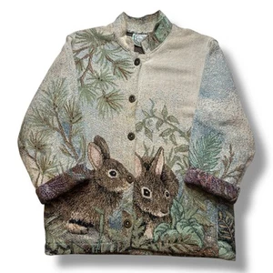 VTG Sugar Street Weavers Tapestry Jacket Bunny Rabbit Sweater Size Small AOP - Picture 1 of 5