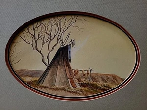 FINE ORIGINAL WATERCOLOR PAINTING TEEPEE MARY SELFRIDGE ? Native Indian Camp - Bild 1 von 7