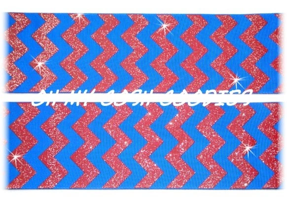100 YARD ROLL SALE 2 1/4 PATRIOTIC ROYAL RED GLITTER CHEVRON GROSGRAIN RIBBON - Image 1 of 1