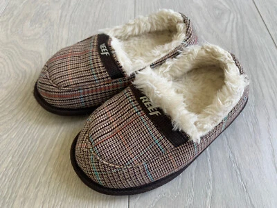 Reef Surf Plaid Faux Shearling Lined Slides Kids Flip Flop Slipper shoes 11/12 - Image 1 of 4