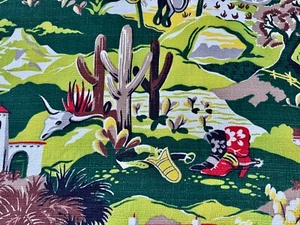 40's Boots & Saddles Adobe Southwestern Cactus Pastoral Barkcloth Vintage Fabric - Picture 1 of 12