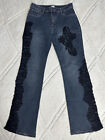 Cache Embellished Blue Jeans Boots Cut Size 8  Sheer Lace Beaded