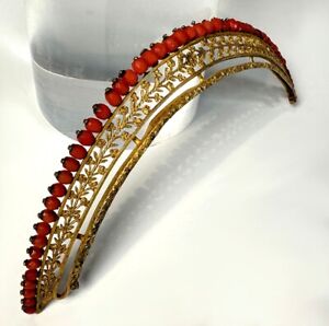 Antique French Empire Tiara with Facet-cut Red Coral Beads, 18k Gold on Sterling