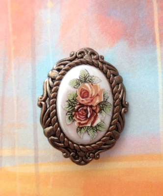Ornated Cameo Fancy Button Vintage Floral Design, Vintage Brass Tone 1.25" H - Image 1 of 4