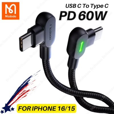 60W PD Type USB C To USB-C Cable Elbow Data Cord For iPhone 15/16/17Pro Max/iPad - Image 1 of 4