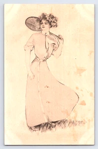 1910 hübsche Dame mit Tennisschläger Künstler antike Postkarte verschickt Buffalo NY - Bild 1 von 2