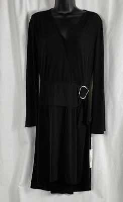 Calvin Klein Womens Peplum A-line Long Bell Sleeve Dress Size 8 Black Faux Wrap - Image 1 of 4