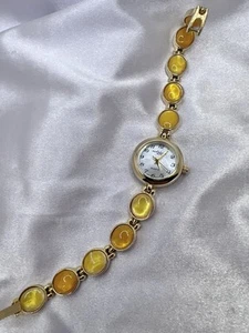 Vintage LA Express Gold Tone Watch Orange Gemstones Mother Of Pearl Dial Dainty - Picture 1 of 10