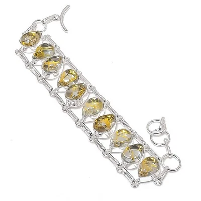 Ritilated Quartz Gemstone Handmade 925 Sterling Silver Jewelry Bracelet Sz 7-8" - Image 1 of 2