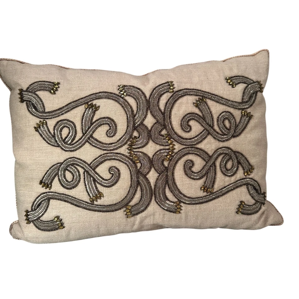Ethan Allen Beaded Embroidered Throw Pillow Linen Rectangular Decorative Accent - Image 1 of 4