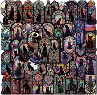 50pc Black Cats Sticker Pack Stained Glass Cat Theme Stickers Halloween Decor - Image 1 of 4