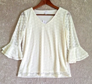 Westport Off-White Lace Blouse Top 3/4 Ruffle Sleeve Women Petite Medium NWT - Picture 1 of 12