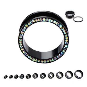 PAIR-Black Titanium IP w/Aurora Gems Screw On Ear Tunnels 14mm/9/16" Gauge - Bild 1 von 4