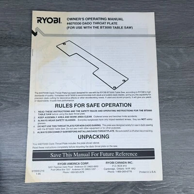 Vtg Owner's Operating Manual RYOBI Dado Throat Plate #4070330 Guide Only - Image 1 of 4