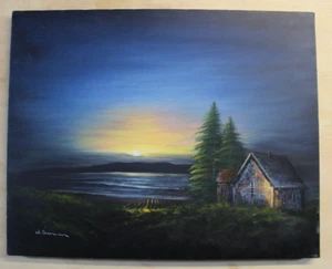 W. Sherman Ölgemälde Leinwand Hütte am Meer Sonnenaufgang 20' x 16" ungerahmt Vintage - Bild 1 von 19