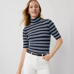 NWT Ann Taylor Weekend Stripe Ribbed Turtleneck Elbow Sleeve Top Blue Sz Large - Picture 1 of 9