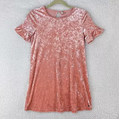 Roxy Peach Crushed Velvet Dress Youth Girls Short Flutter Sleeves Size Large - Image 1 of 4
