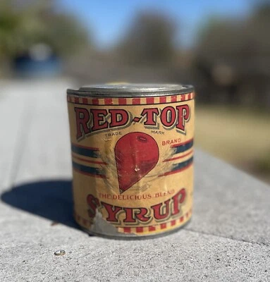 Early Vintage Original 1920s 2Lb RED TOP Brand Syrup Tin Can W Paper Label RARE - Image 1 of 4