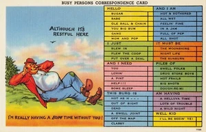 Postcard Busy Person Correspondence Card Man Having A Bum Time Without You Linen - Picture 1 of 2