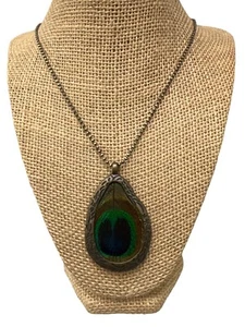 Peacock Feather Pendant Necklace Antique Gold Finish Adjustable Ball Chain - Picture 1 of 5