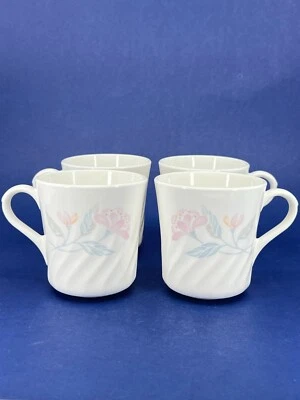 4 tazas de café Corning Ware Corelle rosa arremolinado tres tazas EE. UU. 1950 diseño floral Foto 1 de 4