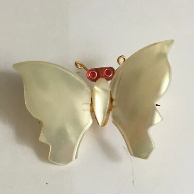 DE COLECCIÓN BROCHE PI MOTER OF PEARL OJOS DE CUENTAS DE MARIPOSA TONO DORADO ALAS 1 1/2" Foto 1 de 2