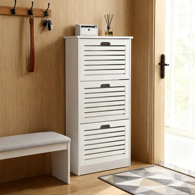 Schuhschrank Schuhkommode mit 3 Schränken Schuhregal Möbel Weiß Lamellentür - Bild 1 von 4