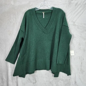 Free People Sweater Size XS Black Forest Green V-Neck Oversized A Line Tunic Top - Picture 1 of 9